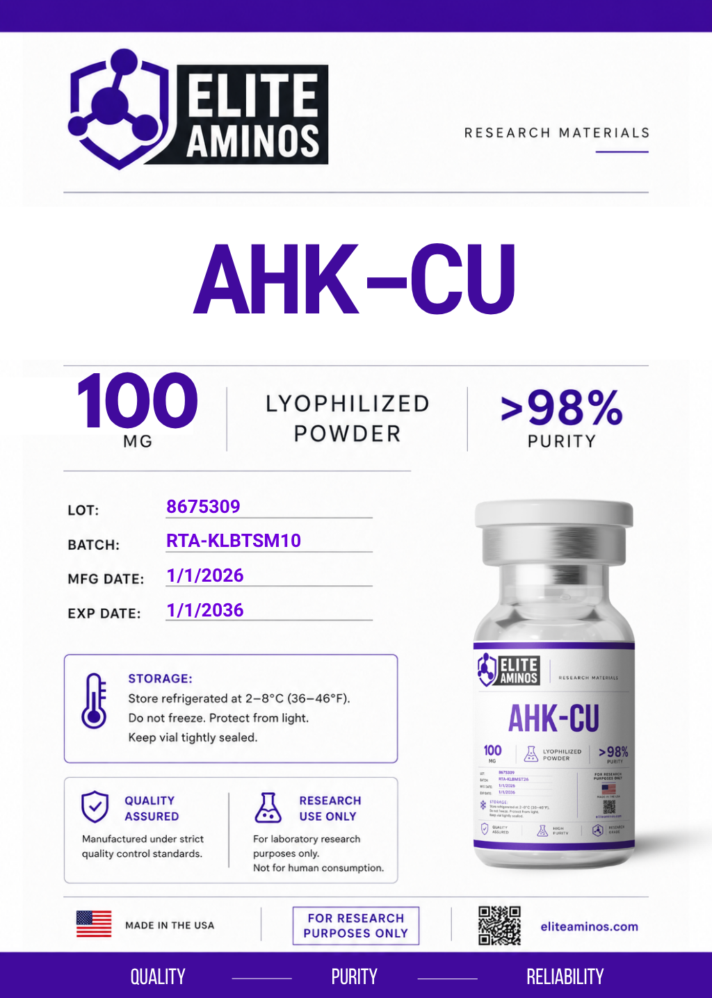 ahk-cu 100mg lyophilized research peptide vial – Elite Aminos