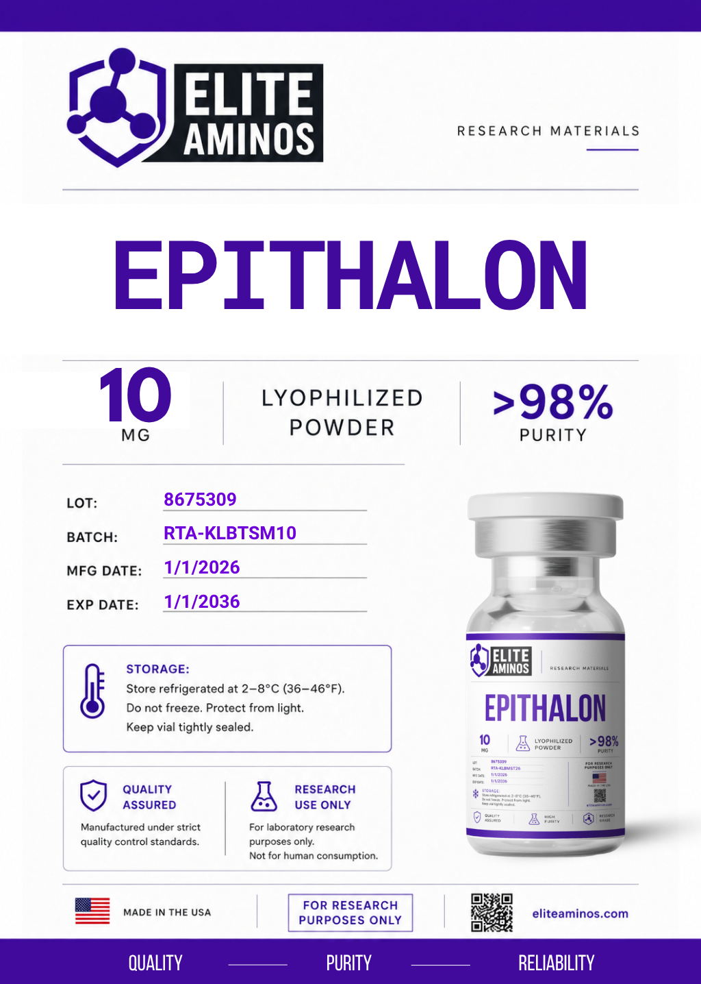Epithalon 10 mg lyophilized research peptide vial – Elite Aminos