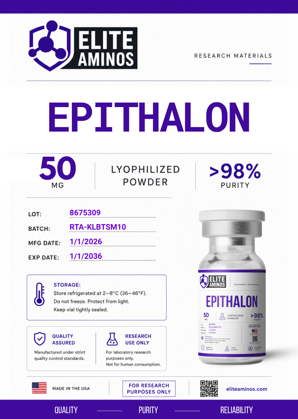 Epithalon 50mg lyophilized research peptide vial – Elite Aminos