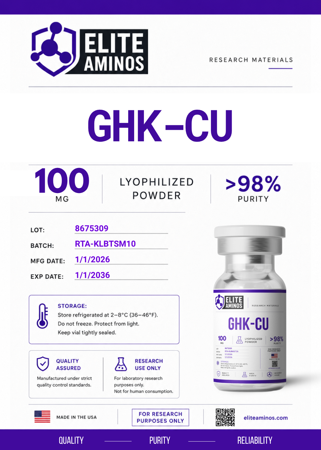 GHK-Cu 100mg lyophilized research peptide vial – Elite Aminos