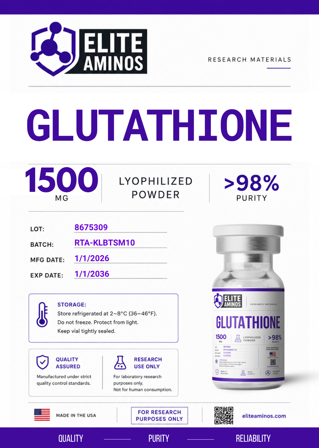 Glutathione 1500mg lyophilized research peptide vial – Elite Aminos