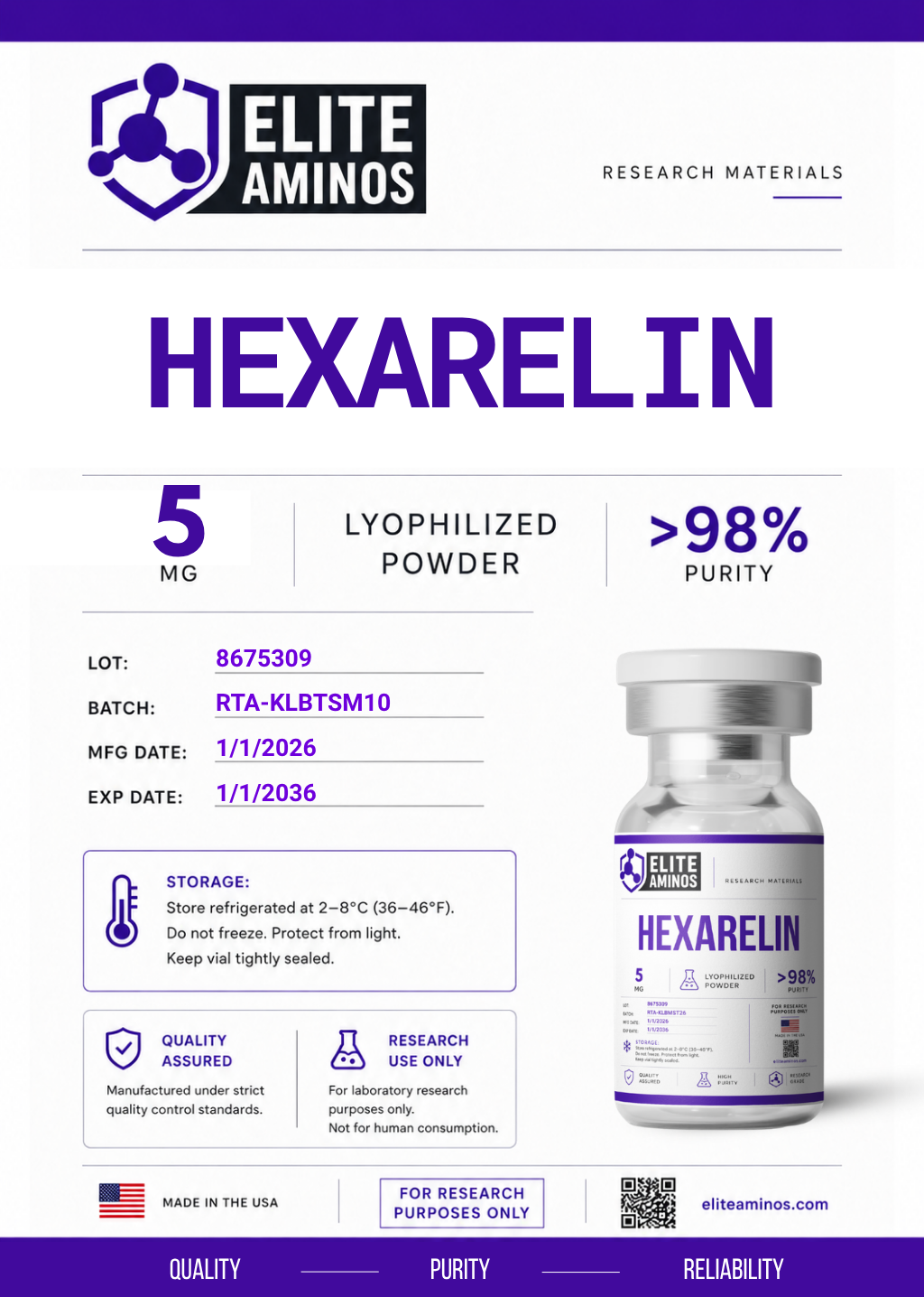 Hexarelin 5mg lyophilized research peptide vial – Elite Aminos