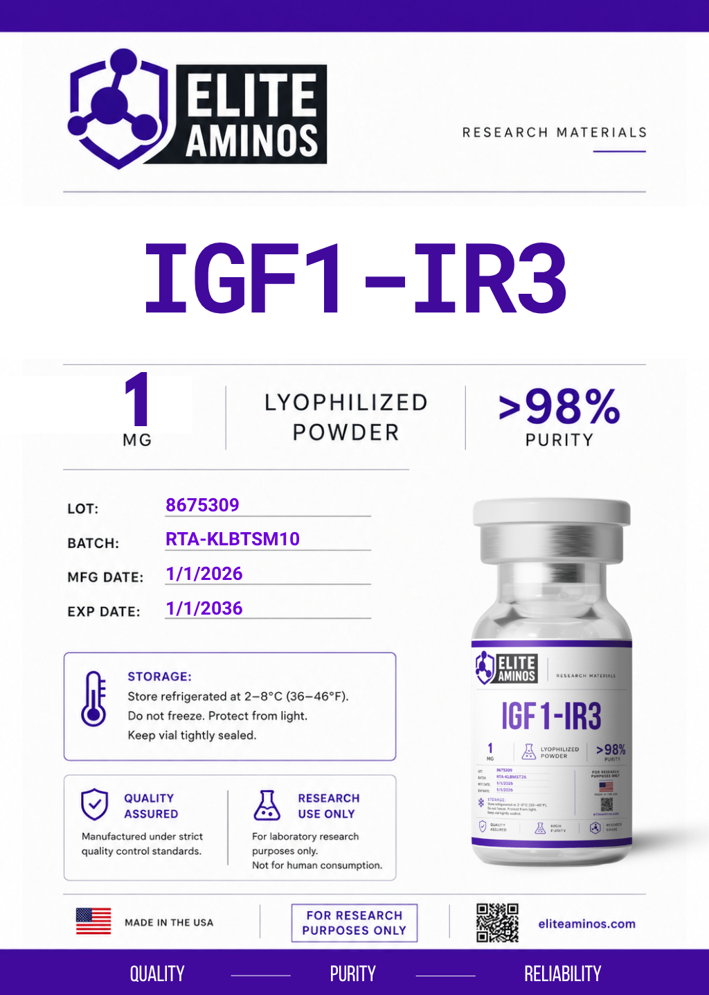 IGF1-IR3 1mg lyophilized research peptide vial – Elite Aminos