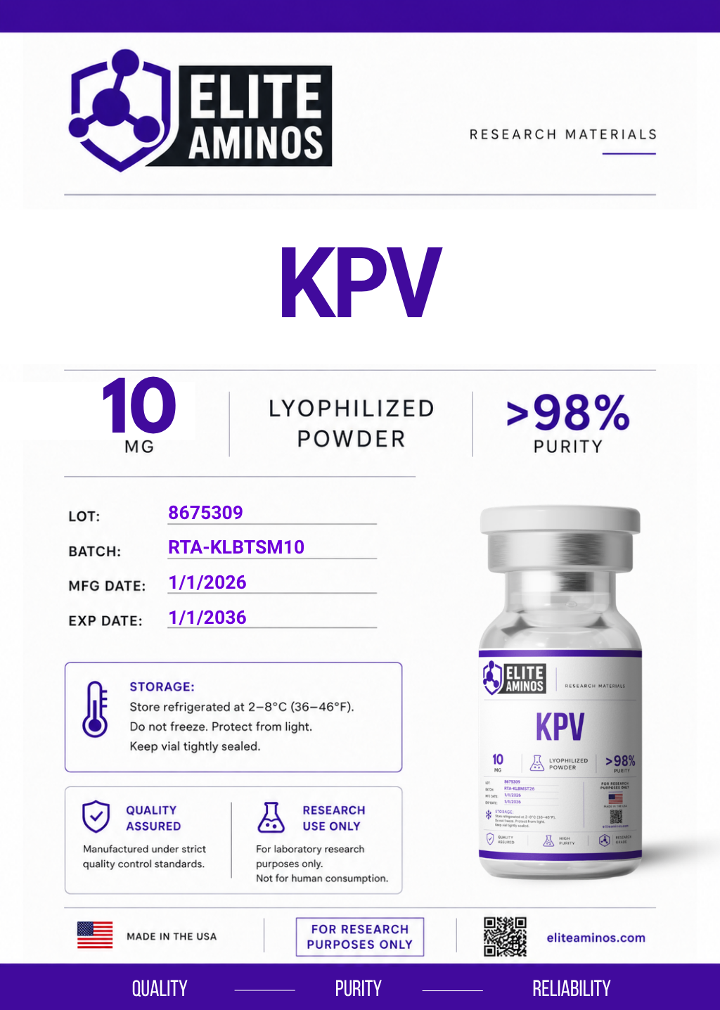 KPV 10mg lyophilized research peptide vial – Elite Aminos