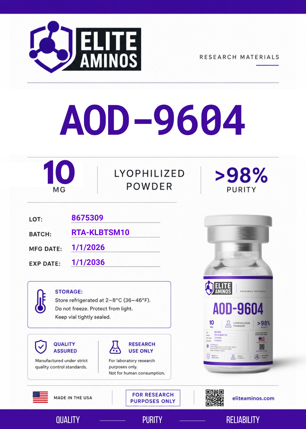 AOD-9604 10mg lyophilized research peptide vial – Elite Aminos