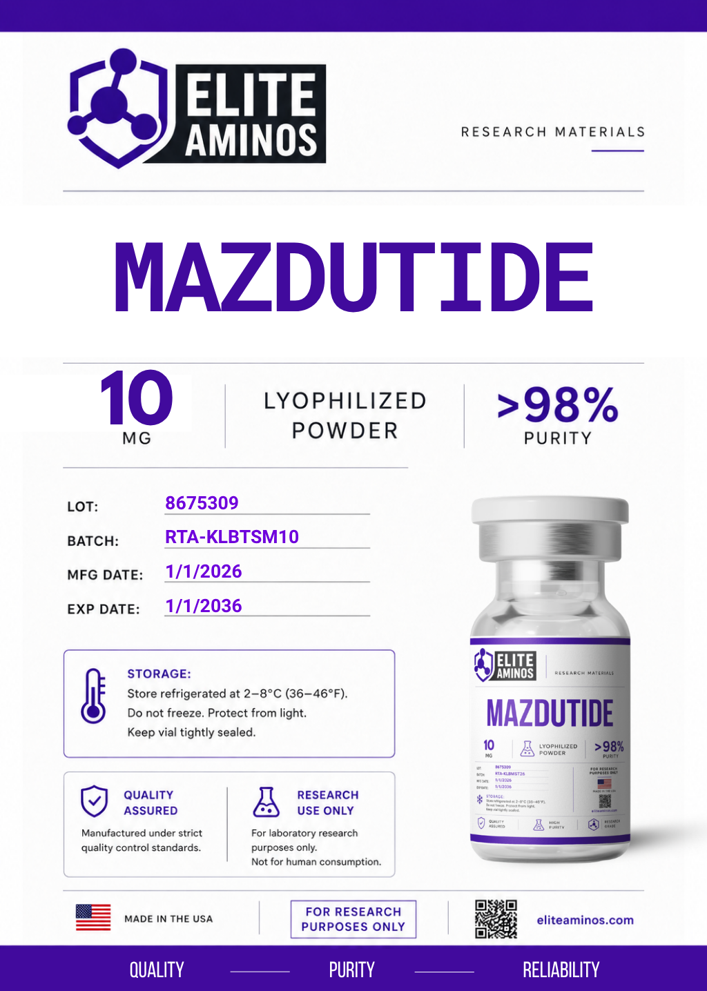 Mazdutide 10mg lyophilized research peptide vial – Elite Aminos