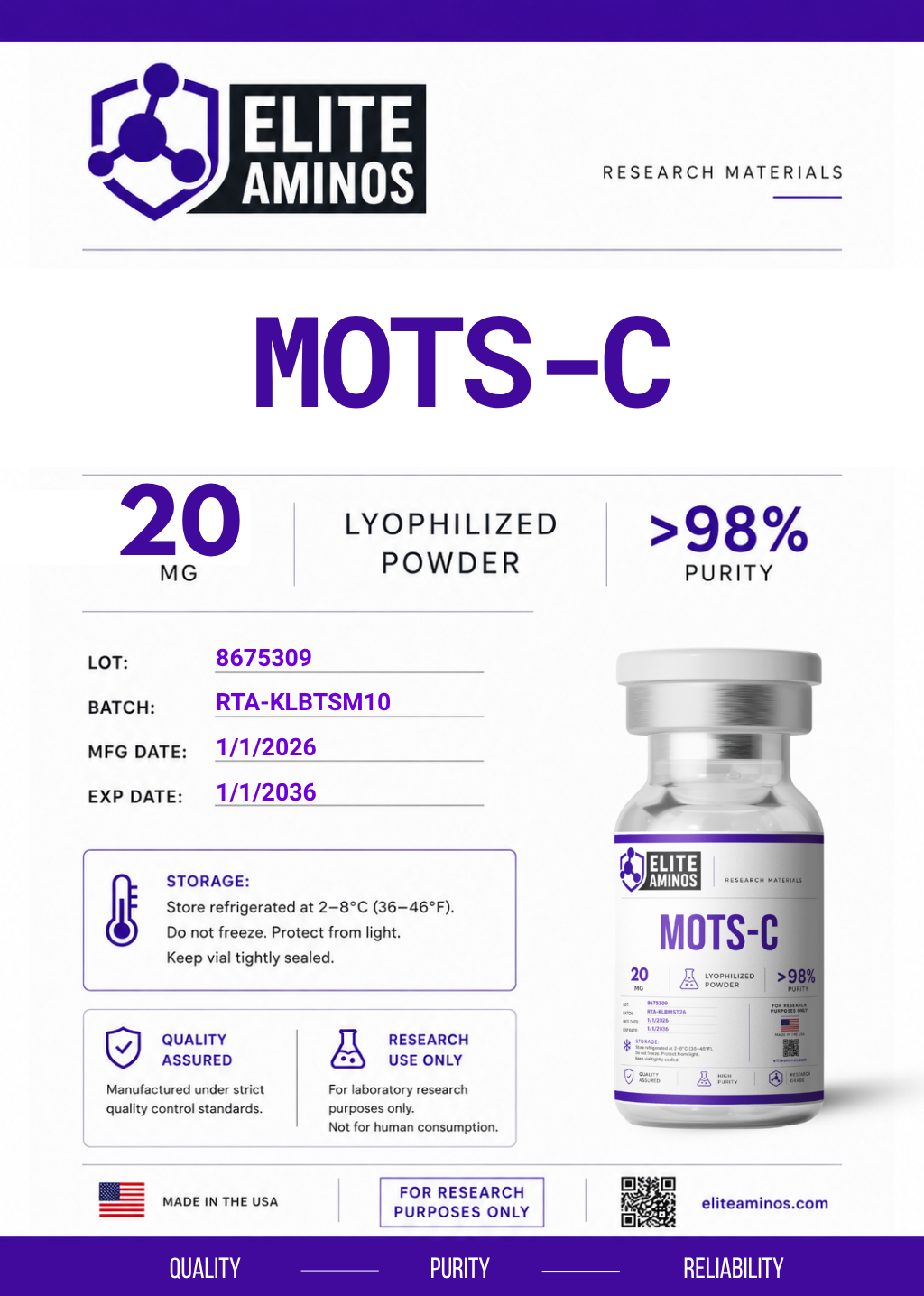Mots-C 20mg lyophilized research peptide vial – Elite Aminos