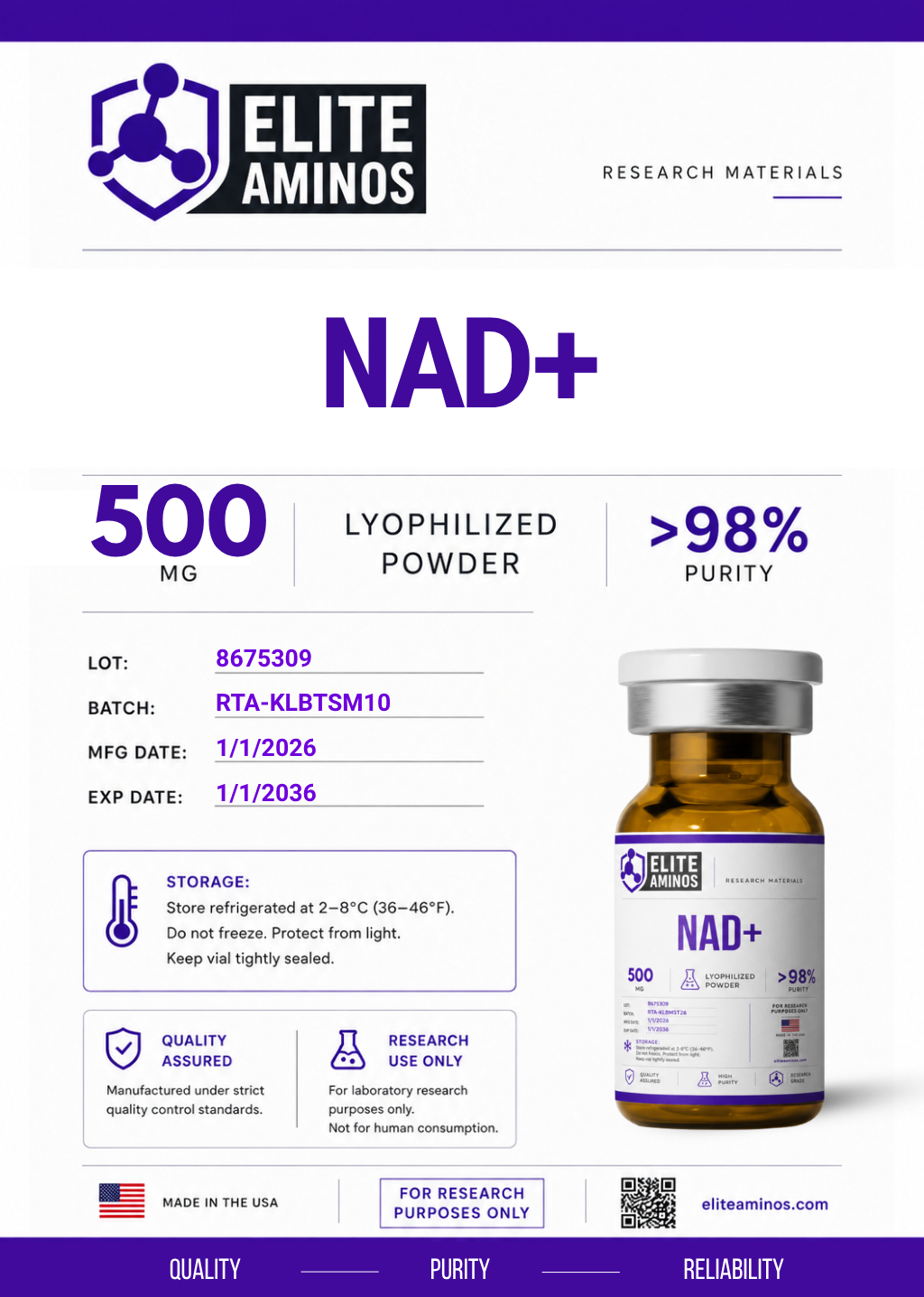 Nad+ 500mg lyophilized research peptide vial – Elite Aminos