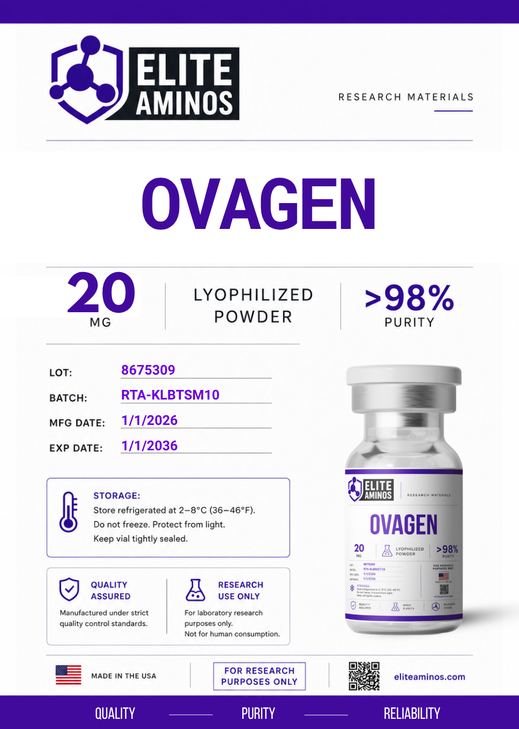 Ovagen 20mg lyophilized research peptide vial – Elite Aminos