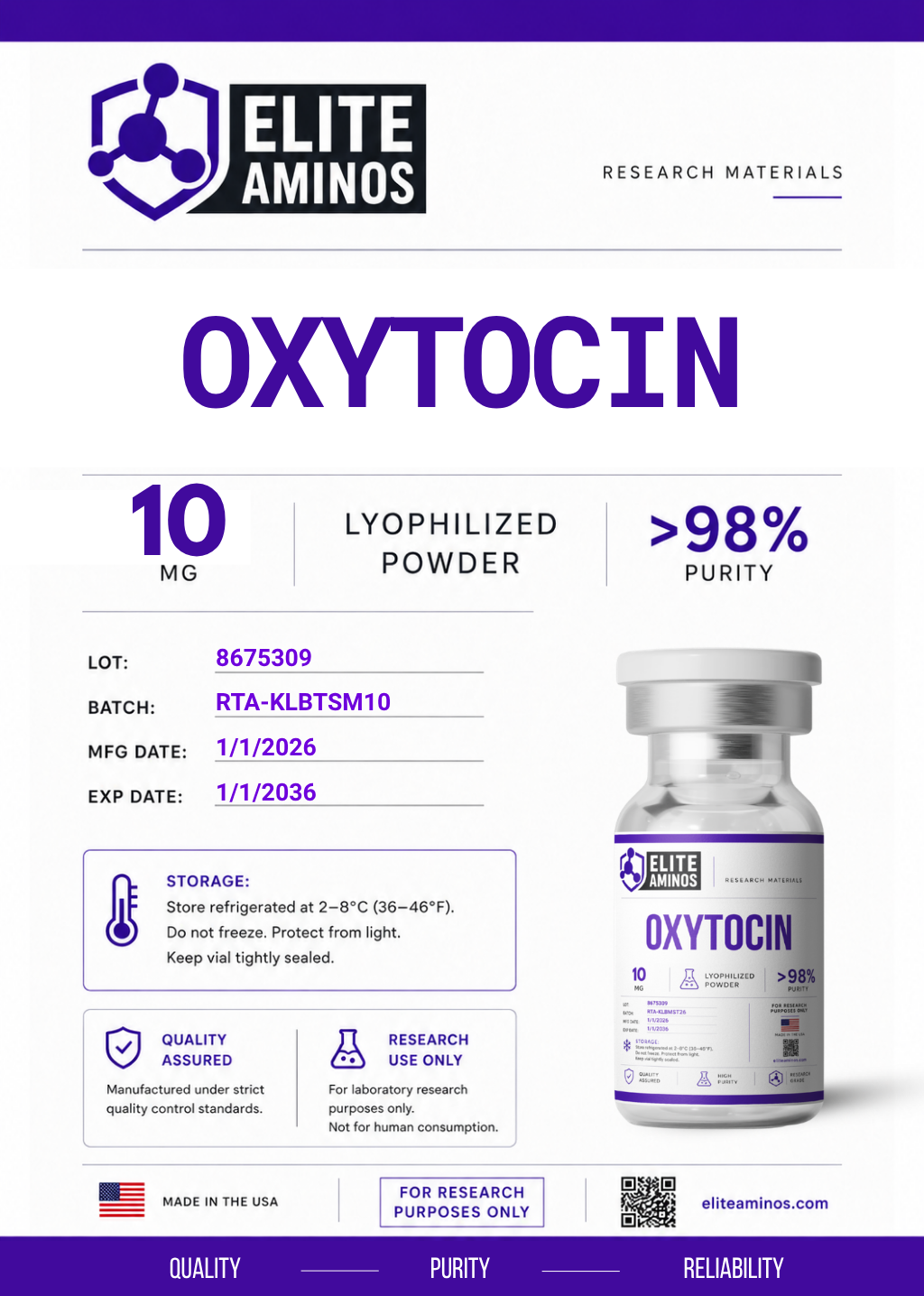 Oxytocin 10mg lyophilized research peptide vial – Elite Aminos