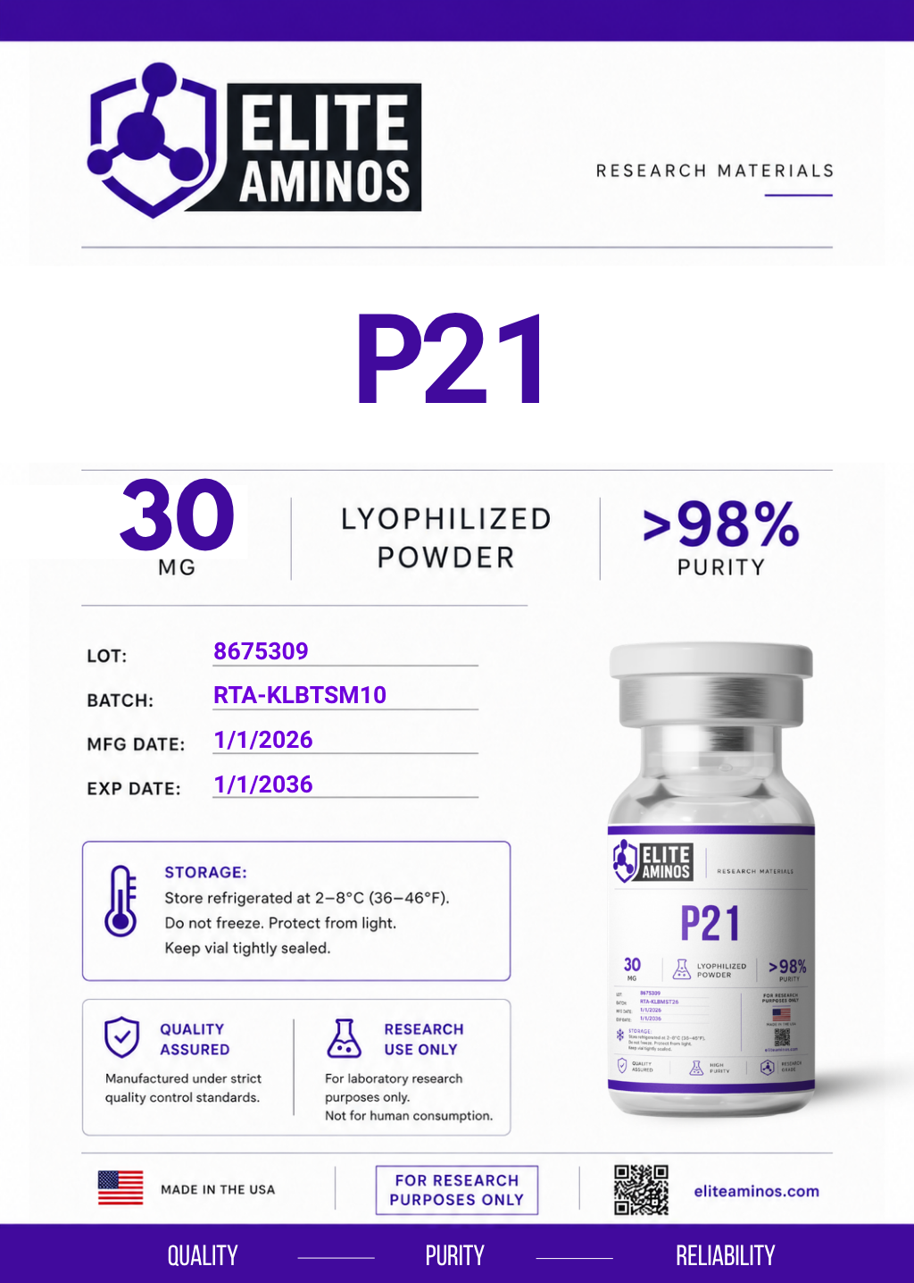 p21 30mg lyophilized research peptide vial – Elite Aminos