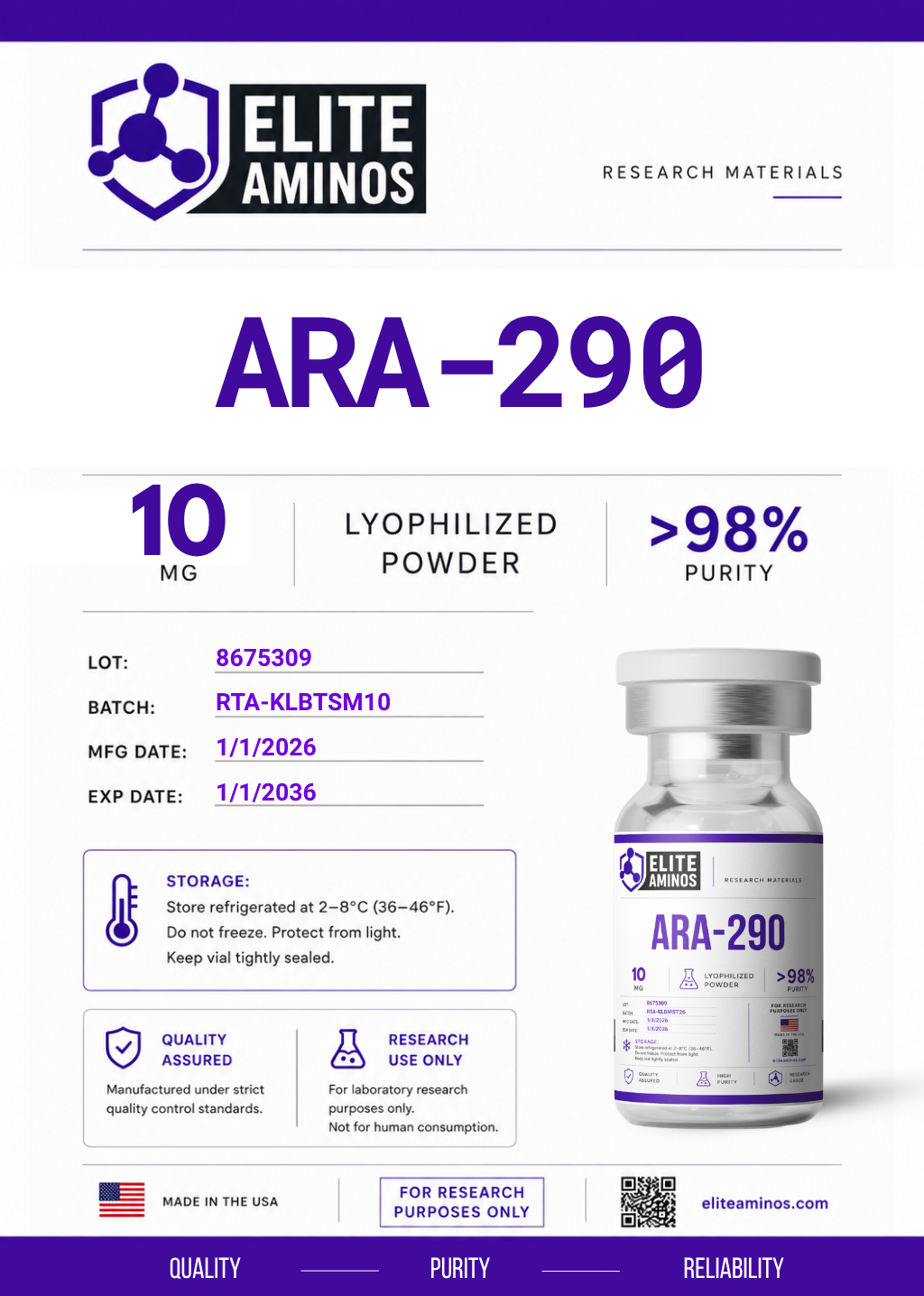 ARA 290 10mg lyophilized research peptide vial – Elite Aminos