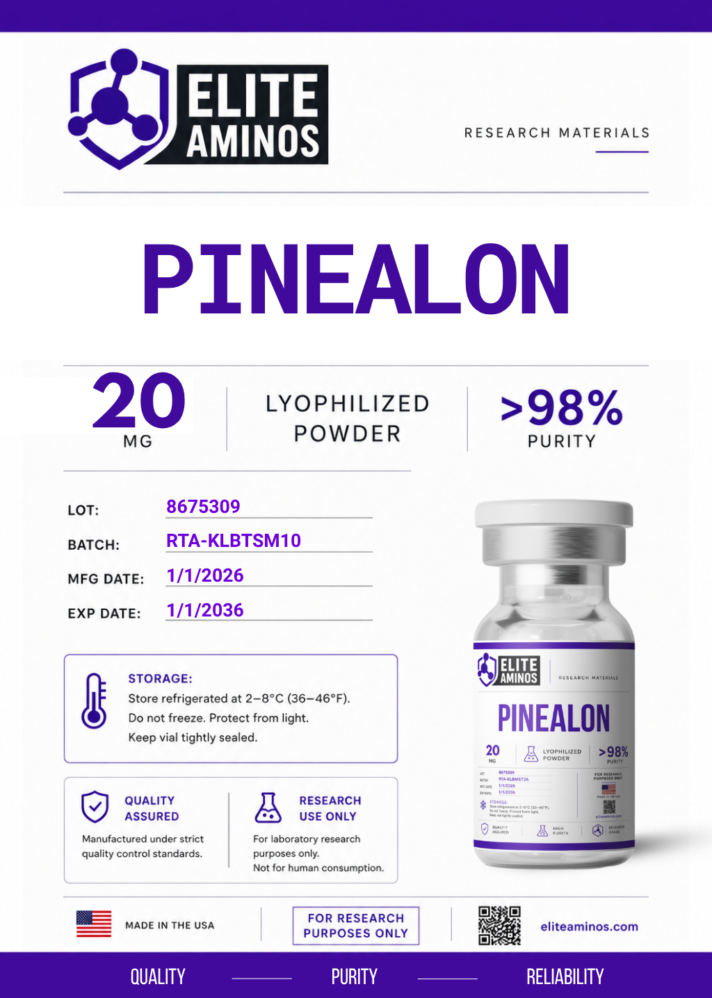 Pinealon 20mg lyophilized research peptide vial – Elite Aminos
