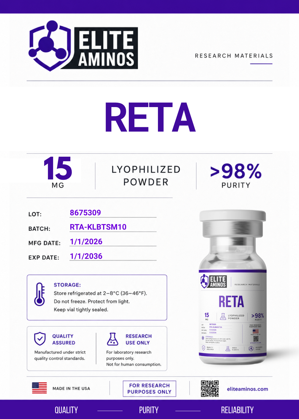 Reta 15mg lyophilized research peptide vial – Elite Aminos