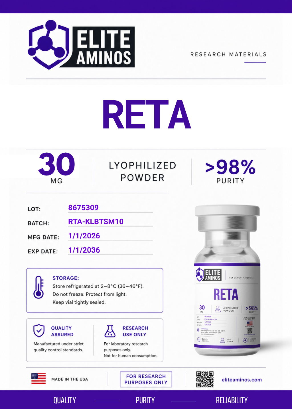 Reta 30mg lyophilized research peptide vial – Elite Aminos