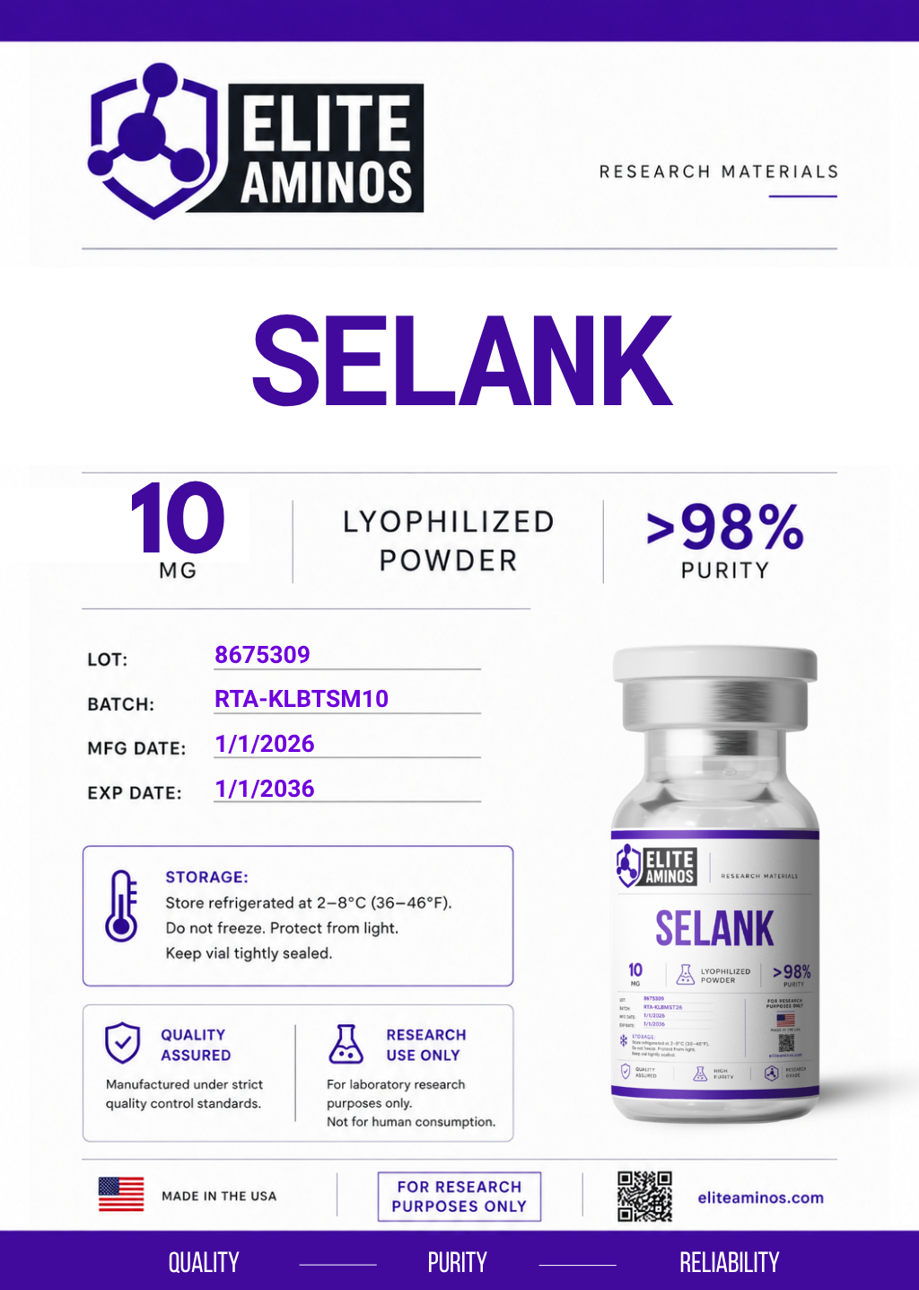 Selank 10mg lyophilized research peptide vial – Elite Aminos
