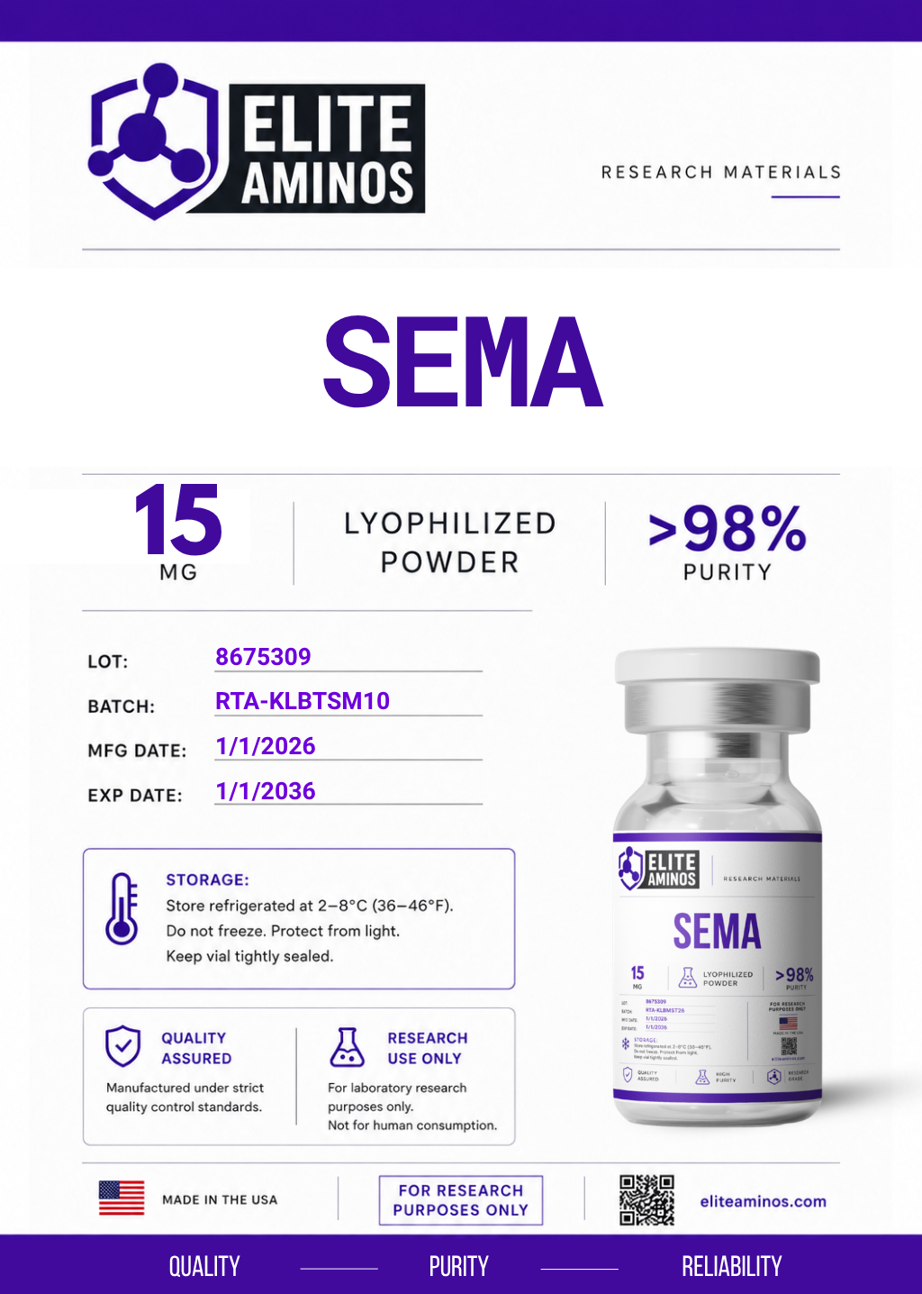 Sema 15mg lyophilized research peptide vial – Elite Aminos