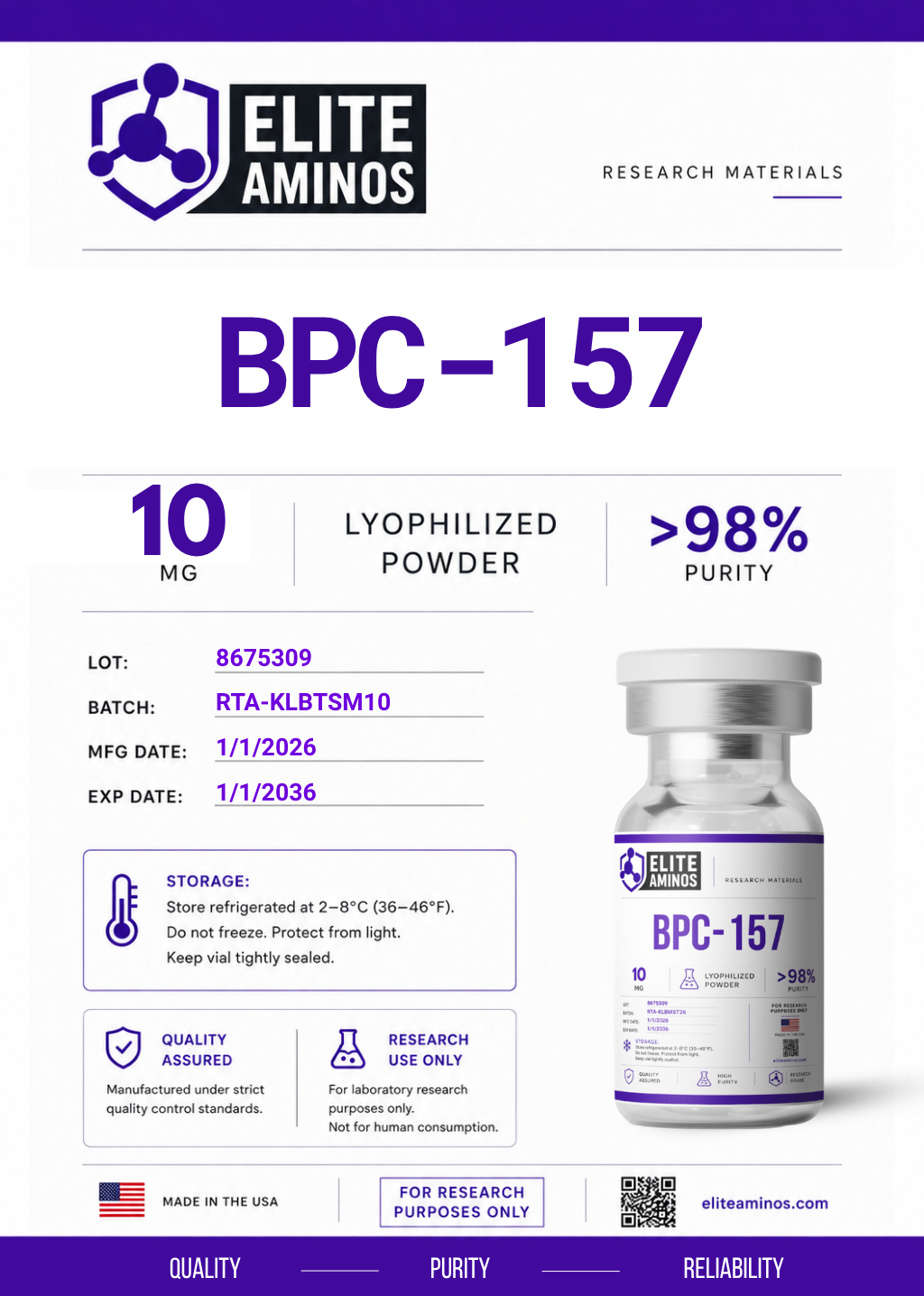 BPC157 10mg lyophilized research peptide vial – Elite Aminos