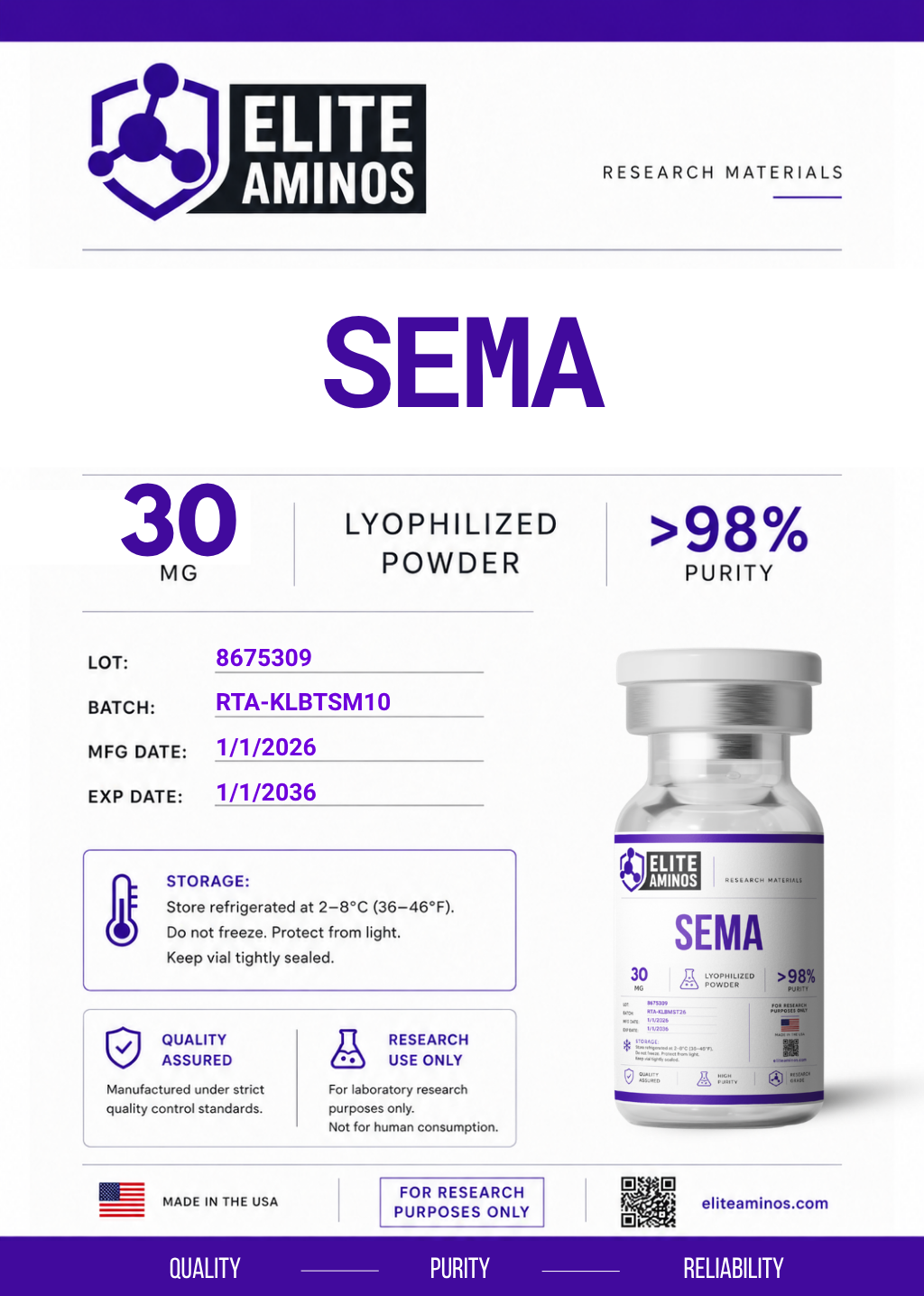 Sema 30mg lyophilized research peptide vial – Elite Aminos