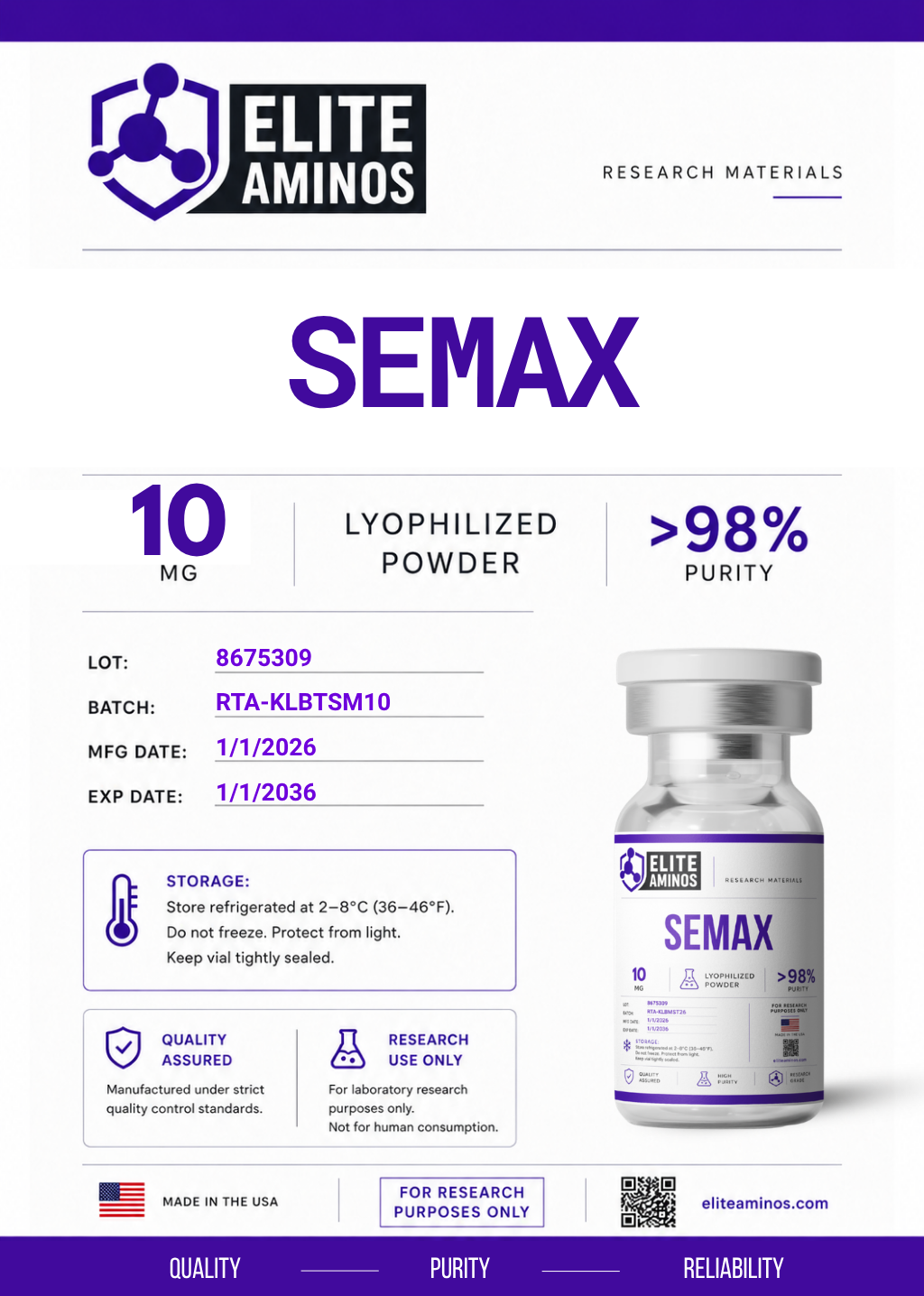 Semax 10mg lyophilized research peptide vial – Elite Aminos