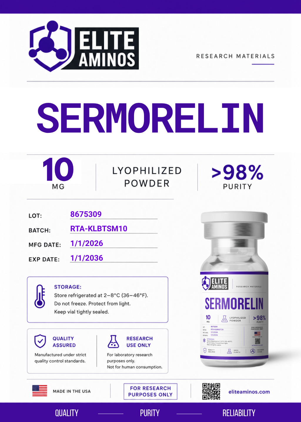 Sermorelin 10mg lyophilized research peptide vial – Elite Aminos