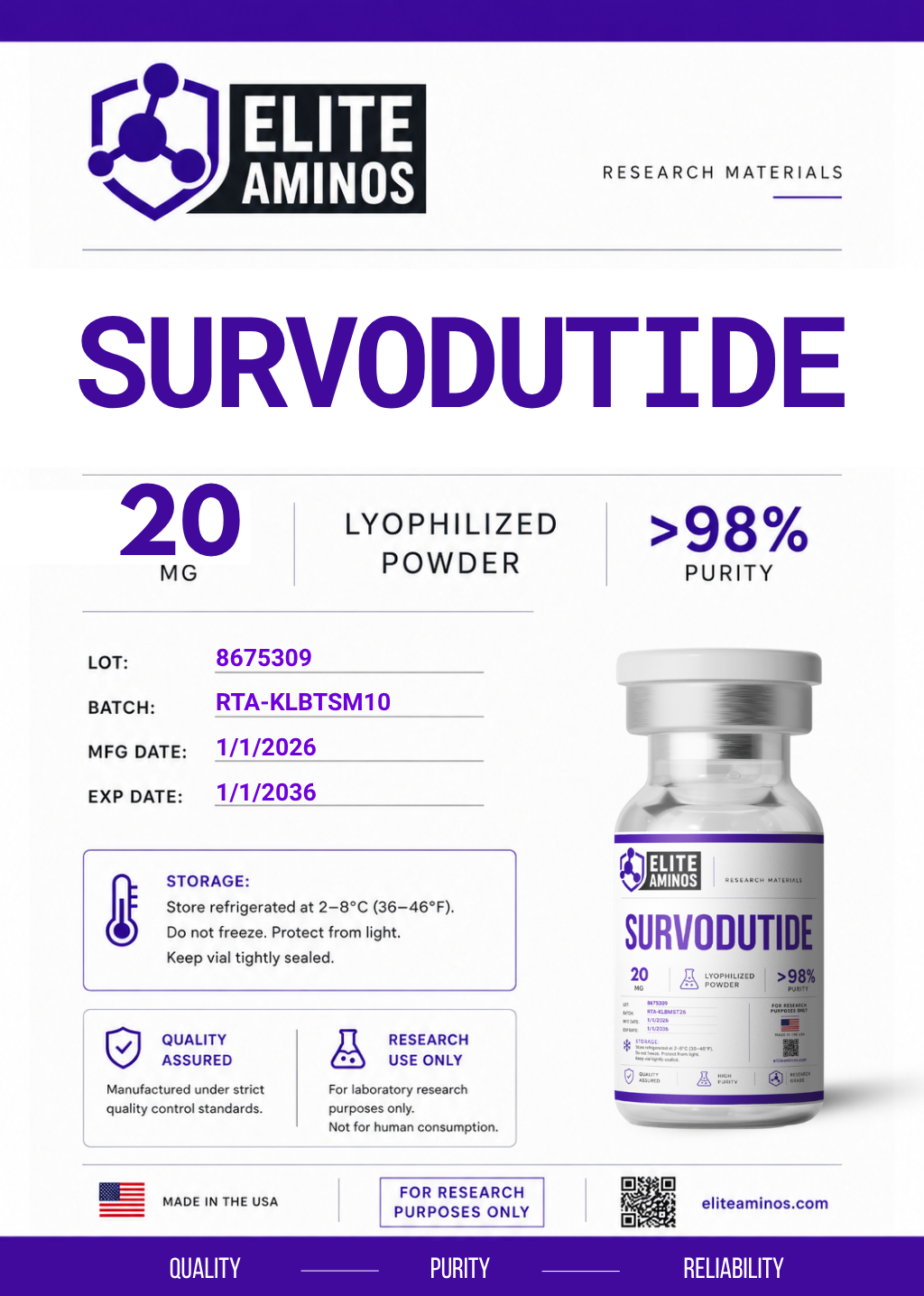 Survodutide 20mg lyophilized research peptide vial – Elite Aminos