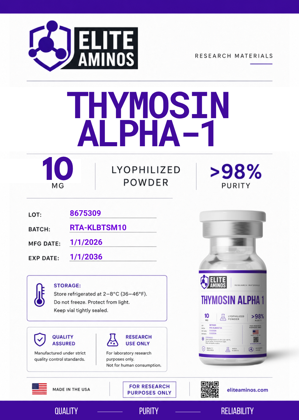 Thymosin Alpha lyophilized research peptide vial – Elite Aminos
