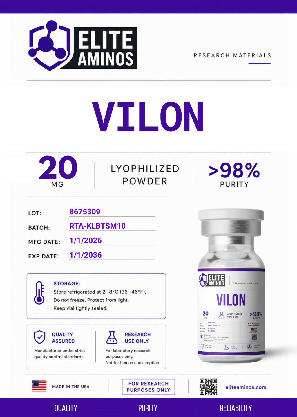 Vilon 20mg lyophilized research peptide vial – Elite Aminos