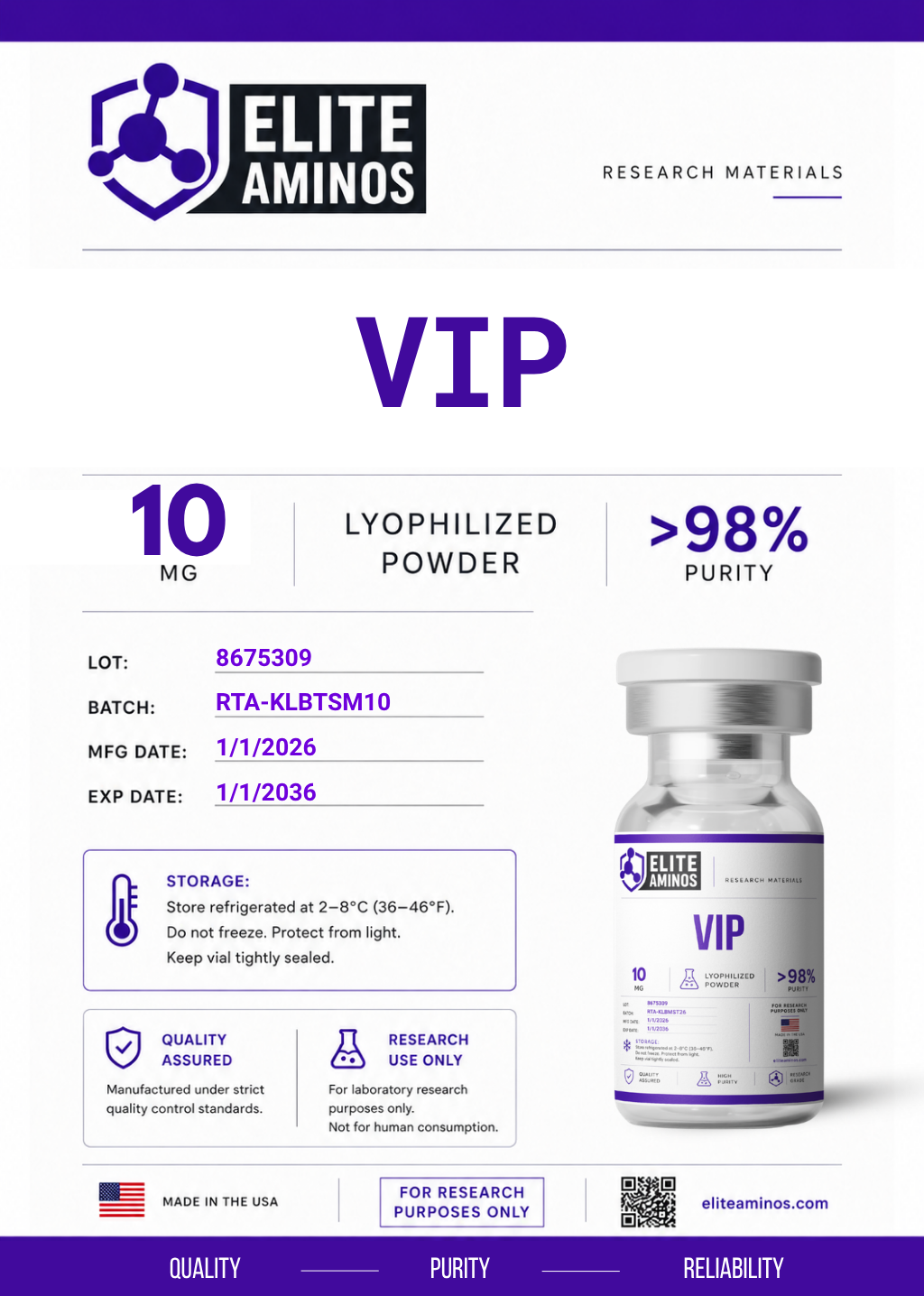 Vip 10mg lyophilized research peptide vial – Elite Aminos