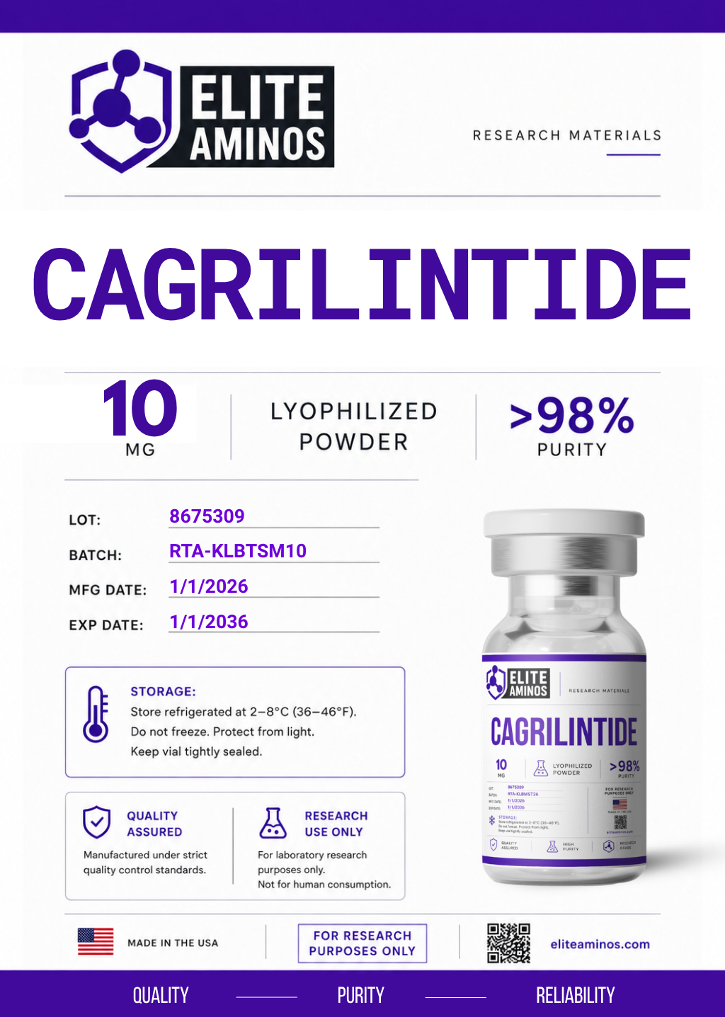 Cagrilintide 10mg lyophilized research peptide vial – Elite Aminos